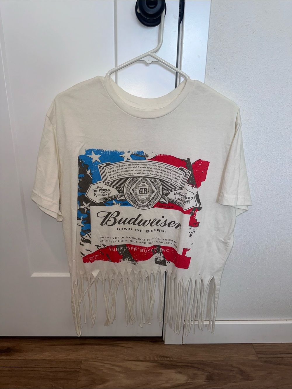 Budweiser White womens Tee with Red & Blue Graphic and Fringe Hem